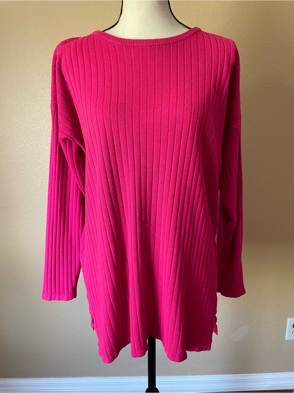Vtg 90s Express Tricot Hot Pink Ribbed Knit Tunic Sweater Oversized Crew M